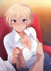 1boy blonde_hair blue_skirt blush breast_grab breasts censored cleavage couch earrings erection female fingernails grabbing groping handjob heart heart_necklace highres indoors jewelry kaiga long_fingernails looking_at_viewer mosaic_censoring necklace open_fly open_mouth original pants penis penis_grab purple_eyes shirt short_hair sitting skirt solo_focus star star_earrings straight white_shirt