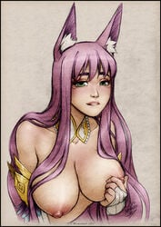 1girls animal_ears animal_humanoid animal_tail biting_lip breasts bunny_and_fox_world canine cenia_hotophetes female jackal jackal_ears nipple_tweak nipples purple_hair solo wickedj