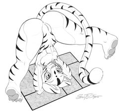 2016 anus feet feline fur kung_fu_panda looking_at_viewer mammal master_tigress monochrome nude presenting presenting_anus presenting_pussy pussy red_eyes spread_legs spreading stripe_fur tiger upside-down yellow_sclera