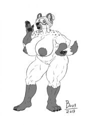 2017 anthro big_breasts boo3 breasts canine eyewear female giselle_highland glasses hyena inks mammal mature_female nipples nude pussy simple_background sketch solo spots