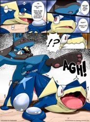 anal anal_sex anus balls blue_balls colored comic duo edit english_text erection fur gaping gaping_anus greninja heart highres kivwolf knot knotting lucario male male_penetrating nintendo open_mouth outdoors penetration penis pokemon pokemon_(species) red_eyes redoxx sex shocked text yaoi