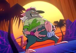 anthro belly big_belly clothing erection grin hamato_yoshi hamato_yoshi_(rise_of_the_tmnt) hat headgear headwear looking_at_viewer lou_jitsu male male_only mammal master_splinter master_splinter_(rise_of_the_tmnt) mature_male moobs murid murine neon_grid old open_pants paint-bucket palm_tree penis rat rise_of_the_teenage_mutant_ninja_turtles rodent shirt smile solo teenage_mutant_ninja_turtles topwear tree underwear vaporwave