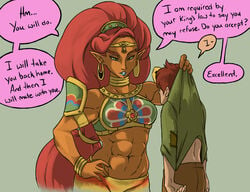 1boy 1girls armor bare_shoulders belly big_hair breath_of_the_wild brown_hair dark-skinned_female dark_skin english_text faceless_male female gerudo green_eyes hand_on_hips holding huge_ass huge_breasts imminent_rape interspecies jewelry lipstick long_hair makeup male midriff muscular muscular_female navel nintendo plague_of_gripes rape red_hair short_hair speech taller_girl text the_legend_of_zelda thick_thighs urbosa very_long_hair voluptuous wide_hips you_gonna_get_raped