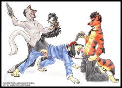 anal anthro business_suit canine collar ear_piercing erection feline forced furry group group_sex gun male mammal necktie oral pants piercing ranged_weapon rape sabretoothed_ermine saluki sex suit threesome weapon wolf yaoi