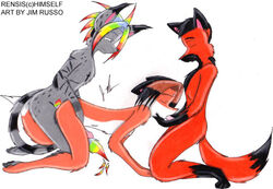 all_fours anal anthro canine doggy_style fox from_behind_position furry group group_sex jim_russo male mammal maned_wolf multicolored_hair oral rainbow_hair rensis sex threesome yaoi