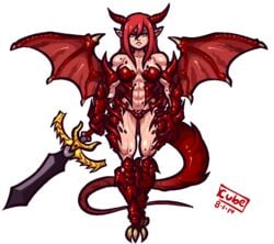 2014 daspyorno demon_girl dragon female horns hybrid monster_girl scalie solo standing sword tail transparent_background weapon wings