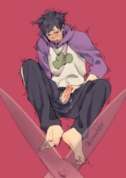 1boy animal_ears barefoot blush cum eclairant erection feet full_body male male_only matsuno_ichimatsu osomatsu-kun osomatsu-san penis saliva sitting solo_focus sweat tongue