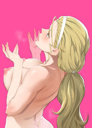 1girls blue_eyes breasts female female_only from_behind girls_und_panzer hairband iku_(ikuchan_kaoru) nipples nude open_mouth pink_background ponytail sasaki_akebi solo tongue tongue_out upper_body