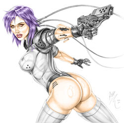 1girls actress android armando_huerta artist_name ass breasts celebrity colored covered_breasts covered_nipples cyberpunk cyborg dat_ass eyelashes female female_only fingerless_gloves firearm gauntlets ghost_in_the_shell ghost_in_the_shell_(2017) gloves gun handgun high_resolution hips holding_gun human kusanagi_motoko large_breasts legs legwear leotard lips looking_at_viewer nail_polish nipples orange_eyes pale_skin purple_hair red_eyes scarlett_johansson short_hair sideboob signature solo tagme thigh_highs thighs weapon white_background