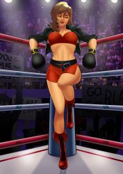 1girls alternate_version_available arena athletic athletic_female big_breasts black_boxing_gloves black_gloves blaze_fielding boots boxing boxing_gloves boxing_ring breasts brown_eyes brown_hair busty female female_focus hourglass_figure lipstick long_hair makeup mole mole_under_mouth navel sega streets_of_rage tagme wide_hips zuruppi