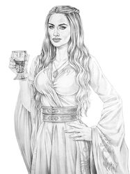 1girls a_song_of_ice_and_fire actress alcohol armando_huerta breasts celebrity cersei_lannister cleavage covered_breasts dress drink eyelashes female female_only game_of_thrones human jewelry large_breasts lena_headey lips long_hair looking_at_viewer monochrome necklace solo standing tagme