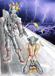 anthro balls boots facial_piercing feline footwear furry gun kneeling lightning male mammal masturbation melee_weapon mohawk multicolored_hair nose_piercing nose_ring penis piercing rainbow rainbow_hair ranged_weapon rensis snuff straight_hair sword syringe uniform weapon yaoi