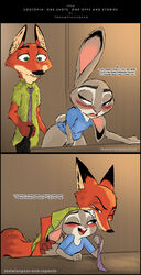 2017 anthro ass bent_over blush bottomless butt_grab canine clothed clothing collaboration comic dialogue disney duo english_text female fox from_behind_position hand_on_ass inner_ear_fluff judy_hopps lagomorph male mammal necktie nick_wilde rabbit sex skeletonguys-and-ragdolls standing text thewyvernsweaver zootopia