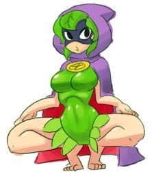 1girls 2017 barefoot black_eyes breasts cape female female_only green_hair green_shadow_(pvz) hood human humanized leaf looking_at_viewer mask minus8 peashooter_(pvz) plants_vs_zombies plants_vs_zombies:_heroes solo solo_female squatting video_games