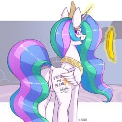 2017 alicorn anus banana bedroom_eyes clitoral_winking clitoris crown cutie_mark dsp2003 english_text equine feathered_wings feathers female feral food friendship_is_magic fruit hair half-closed_eyes hi_res horn looking_at_viewer looking_back magic mammal multicolored_hair my_little_pony princess_celestia_(mlp) purple_eyes pussy royalty seductive solo text white_feathers wings