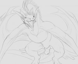 2017 black_and_white claws dragon erection feral forked_tongue front_view knot male membranous_wings monochrome open_mouth penis precum scales simple_background sketch solo spiked_penis spikes teeth tongue tongue_out verro white_background winged_arms wings wyvern yaroul