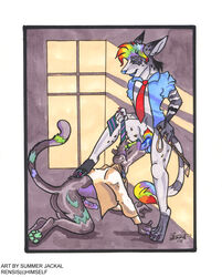 2006 anthro business_suit erection feline furry leash male mammal multicolored_hair necktie panther rainbow_hair rensis riding_crop suit summer_jackal whip yaoi