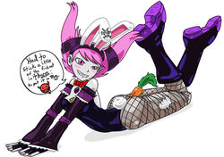 ass big_ass big_breasts breasts bunny_ears bunny_tail bunnysuit carrot carrot_dildo carrot_in_ass cleavage dc female food food_insertion jim_sugomi jinx_(dc) produce produce_dildo produce_in_ass produce_insertion solo speech_bubble straight_hair teen_titans text vegetable_dildo vegetable_in_ass