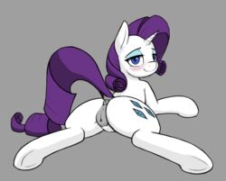 2017 anearbyanimal anus ass bedroom_eyes blush cutie_mark equine female feral friendship_is_magic grey_background hair half-closed_eyes horn looking_at_viewer looking_back mammal my_little_pony presenting pussy rarity_(mlp) seductive simple_background smile solo spread_legs spreading unicorn unicorn_horn