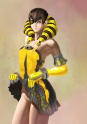 1girls ai_rin anarchy_reigns artist_request bottomless breasts brown_eyes brown_hair dress dress_lift eye_contact eyepatch female gloves hair_over_one_eye half-closed_eyes looking_at_viewer no_panties sketch solo yellow_dress