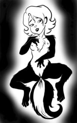 anthro black_fur breasts chest_tuft female fur hair hi_res humanoid_face mammal miz_ma'm'selle_hepzibah monochrome multicolored_fur nipples nude pogo pookie pussy skunk solo spread_legs spreading tuft two_tone_fur white_fur white_hair