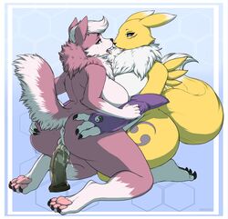 2016 anthro anus arm_warmers armwear ass aurothos big_breasts big_butt black_sclera blue_eyes breasts butt_grab canine clothing coyote digimon dildo dildo_sitting duo female fur hand_on_ass iriedono kneeling looking_back mammal multicolored_fur neck_tuft pawpads penetration pink_fur pussy pussy_juice raised_tail renamon saliva saliva_string sex_toy simple_background spread_ass spreading thick_thighs tongue tongue_out tuft two_tone_fur vaginal_penetration white_fur yellow_fur yuri