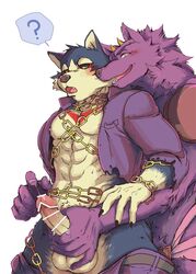 anthro bathym blush bondage bound canine chains demon furry garmr handjob male mammal penis precum reach_around sex simamanta simple_background tokyo_afterschool_summoners white_background wolf yaoi