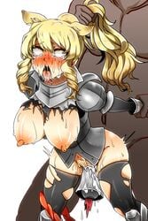 ahe_gao animal_ears armor artist_request blonde_hair blush brown_eyes clothed_female_nude_male clothed_sex cum cumdrip dark-skinned_male doggy_style drooling fucked_silly hair_grab highres kemono_friends long_hair nipples object_insertion open_mouth orgasm ponytail ponytail_hold rhinoceros_ears rolling_eyes saliva sex spread_legs sweat tears tied_hair tongue tongue_out torn_clothes white_rhinoceros_(kemono_friends)