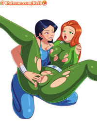 2girls areola areolae ass belt big_breasts black_hair bodysuit breasts busty cleavage clothing female female_only fingering green_eyes handwear hips large_breasts legs long_hair mandy_walters multiple_girls nipples orange_hair purple_eyes pussy reit sam_(totally_spies) sam_simpson spread_legs thighs torn_clothes torn_clothing totally_spies vagina voluptuous yuri