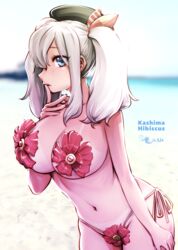 2016 beach bikini bikini_tan blue_eyes breasts character_name dated female finger_to_mouth hibiscus kantai_collection kashima_(kantai_collection) large_breasts leaning_forward looking_at_viewer nippleless_clothes nipples ocean outdoors side-tie_bikini silver_hair sky solo souryu tanline tied_hair twintails