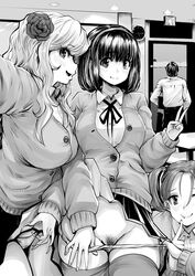 1boy 3girls breasts classroom cunnilingus_gesture exhibitionism flashing gyaru hair_bobbles hair_flower happy highres large_breasts long_hair looking_at_viewer monochrome multiple_girls original panties panty_pull pubic_hair school_uniform self_shot short_hair skirt_lift smile souryu teacher thighhighs tied_hair twintails uncensored