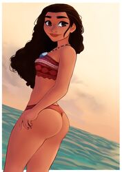 1girls aozee ass bikini black_hair brown_eyes clothing dark-skinned_female dark_skin disney disney_princess female female_only long_hair moana moana_waialiki princess royalty side_view smile solo straight_hair teen teenager thong young