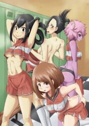 4girls ass breasts busty cheerleader cheerleader_uniform cleavage clothing female female_only frog_girl high_school_student hourglass_figure knee_socks kneehighs kneesocks locker_room mina_ashido momo_yaoyorozu multiple_females multiple_girls my_hero_academia nmnumberzero ochako_uraraka orange_eyes panties pink_hair purple_skin skirt socks teen teen_girl teenage teenage_girl teenage_girls teenager teenagers teens topless tsuyu_asui u.a._cheerleader_outfit underboob undressing voluptuous white_socks young young_female young_females young_girl