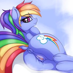 2017 anus ass cutie_mark dock equine female feral friendship_is_magic hair hi_res horse looking_at_viewer lying mammal multicolored_hair my_little_pony outside pony pussy pussy_juice rainbow_dash_(mlp) rainbow_hair smile solo twiren