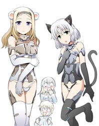 4girls aleksandra_i_pokryshkin animal_ears bear_ears blonde_hair blue_eyes blush brave_witches breasts cameltoe cat_ears closed_eyes clothing cosplay eila_ilmatar_juutilainen flat_chest frame_arms_girl green_eyes long_hair looking_at_viewer medium_breasts multiple_girls nikka_edvardine_katajainen open_mouth sanya_v_litvyak short_hair simple_background smile steed_(steed_enterprise) stockings strike_witches tail thighhighs white_background white_hair world_witches_series yuri