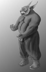 anthro balls clothed clothing dota dota_2 humanoid_penis looking_at_viewer male male_only mammal mangix_the_brewmaster musclegut noodlewd partially_clothed partially_retracted_foreskin penis uncut video_games