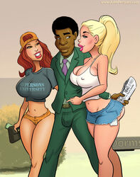 1boy 2girls blonde_hair bulge dark-skinned_male dark_skin interracial john_persons large_breasts male moose_(artist) red_hair