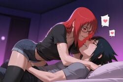 abs after_kiss ai_generated bed bedroom biceps black_eyes black_hair black_legwear black_shirt booty_shorts breasts breasts_pressed_against_partner bruise bulge bulge_press bulge_through_clothing closed_eyes couple cowgirl_position dry_humping evil_grin evil_smile female femdom french_kiss glasses grinding groping hand_on_hip hands_on_shoulders hickey hotel_room imminent_sex jean_shorts jeans karin_uzumaki kissing lips male male_on_bottom micro_shorts midriff muscles muscular muscular_male narrow_waist narrowed_eyes naruto naruto_(series) naruto_shippuden open_mouth parted_lips penis penis_bulge red_eyes red_hair saliva saliva_drip saliva_on_face saliva_string saliva_trail sasuke_uchiha sleeping smile spitting straddling thighhighs tight_clothing tongue_kiss topless topless_female uchiha_sasuke uzumaki_karin