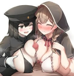 1boy 2girls absurdres ahoge akitsu_maru_(kancolle) bikini black_bikini black_eyes black_hair black_hat black_jacket braid breasts brown_eyes brown_hair capelet closed_eyes closed_mouth commission cooperative_paizuri covered_nipples cum cum_on_body cum_on_breasts ejaculation embarrassed ffm_threesome gloves group_sex hat highres huge_breasts jacket kantai_collection looking_at_viewer medium_hair military_hat military_jacket multiple_girls one_eye_closed open_mouth paizuri paizuri_under_clothes peaked_cap peanut_mouth pov sabo_(12454861) shinshuu_maru_(kancolle) sideboob_paizuri simple_background skeb_commission smile swimsuit teamwork_(sexual) teeth threesome twin_braids white_background white_bikini white_gloves zenra