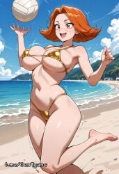 1girls ai_generated ball beach big_breasts bikini bouncing_breasts dota_2 facial_markings jumping kneeling lina ocean sand sea swimsuit volleyball