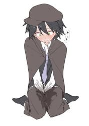 1boy ? blush bsd bungo_stray_dogs bungou_stray_dogs crying crying_with_eyes_open edogawa_ranpo embarrassed full-face_blush humiliation japanese_text male male_only necktie omorashi peeing peeing_self ranpo_edogawa solo_focus twink urination urine wetting wetting_self