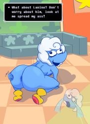 2025 absurd_res anus ass big_butt big_nose blue_body bodily_fluids boots boots_only breasts butt_focus clothing darkner deltarune detailed_background dustiebunnie elnina_(deltarune) eyelashes female footwear footwear_only furniture hi_res humanoid mostly_nude nude nude_female poofy_hair presenting presenting_hindquarters shoes smile sobbing sofa solo speech_bubble spread_butt spreading tears text undertale_(series)