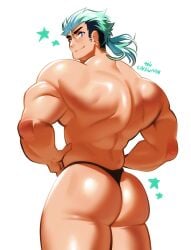 1boy ass back_view bara big_ass black_thong commission ear_ring hands_on_hips looking_at_viewer male muscular muscular_back muscular_male muscular_male_only original original_character sachuman solo thong white_background