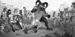 animal_genitalia animal_penis anthro ass backsack balls being_watched big_balls big_breasts bottomwear bottomwear_aside bovid breasts canid canine caprine choker clothing clothing_aside deer equine_genitalia equine_penis female female/female fight flaccid frenum_ladder frenum_piercing futanari genital_piercing genitals goat greyscale group hi_res hooves horn intersex jewelry ladder_piercing larger_futa larger_intersex larger_male loincloth loincloth_aside looking_at_another male male/male mammal monochrome muscular muscular_male necklace nipple_piercing nipple_ring nipples penis penis_piercing piercing profanity ring_piercing sheep sitting size_difference smaller_female smaller_male smile speech_bubble tattoo tenzing wrestling