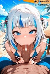 1boy :>= ai_generated bangs bare_shoulders beach bikini blue_bikini blue_eyes blue_hair blue_sky blue_swimsuit blunt_bangs blush breasts clothing cloud dark-skinned_male dark_skin day fellatio female fins fish_tail gawr_gura gawr_gura_ch. grey_hair hair_ornament hololive hololive_english hololive_myth holomyth jennieart02 looking_at_viewer male male_pov male_pubic_hair multicolored_hair navel ocean oral outdoors patreon patreon_logo patreon_username penis petite pubic_hair saliva sand shark_girl shark_hair_ornament shark_tail sky small_breasts solo_focus straight streaked_hair sweat swimsuit tail twitter twitter_username two_side_up veins virtual_youtuber water watermark