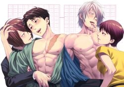 1girls 3boys adopted_son adoptive_father aged_up blue_eyes brown_hair canon_couple facial_scar female gay gay_male gegege_no_kitarou hair_over_one_eye husband_and_wife iwako_(gegege_no_kitarou) kimono kitarou kitarou_tanjou_gegege_no_nazo male married_couple medama_oyaji_(human) mizuki_(gegege_no_kitarou) muscular muscular_male open_kimono red_eyes scar scar_across_eye scars shizaki_info short_hair smile upper_body very_short_hair white_hair yaoi