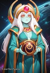 1girls ai_generated cloak dota_2 gem genderswap_(mtf) holding_object jewelry looking_at_viewer necklace oracle orb r63 robe standing white_hair