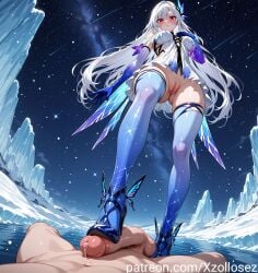 ai_generated dress elbow_gloves footjob high_heels ice long_hair patreon patreon_username precum pussy pussy_peek red_eyes stockings water white_hair xzollosez