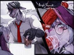 2_penises animal_genitalia animal_penis anthro bodily_fluids bondage clothing collared_shirt computer cum cum_in_mouth cum_inside cumshot dragon dress_shirt duo ear_pull earjob ejaculation electronics eyewear fellatio femboy gekko-seishin genital_fluids genitals glans glasses good_boy hemipenes hi_res horn humanoid_genitalia humanoid_penis inside lagomorph laptop leporid long_ears makeup male male/male mammal microsoft microsoft_excel microsoft_office multi_genitalia multi_penis mythological_creature mythological_scalie mythology necktie office oral penile penis pet_praise petplay praise rabbit red_eyes roleplay round_glasses running_makeup scalie sex shirt snot tears topwear unprofessional_behavior wearing_glasses