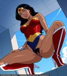 ai-created bare_shoulders black_hair blue_eyes boots bracelet breasts clothing clothing_aside cloud crown day dc_comics diana_prince earrings female female female_only female_pubic_hair footwear headwear high_heel_boots high_heels high_resolution highleg highleg_leotard jewelry justice_league knee_boots large_breasts legwear leotard leotard_aside lips lipstick long_hair looking_at_viewer makeup medium_breasts nipples pubic_hair red_footwear red_leotard shoes sitting sky smile solo spread_legs squatting star star_(symbol) star_earrings strapless superhero superheroine thick_thighs thigh_boots thighhighs thighs tiara vagina viewed_from_below wodstudio wonder_woman wonder_woman_(series)
